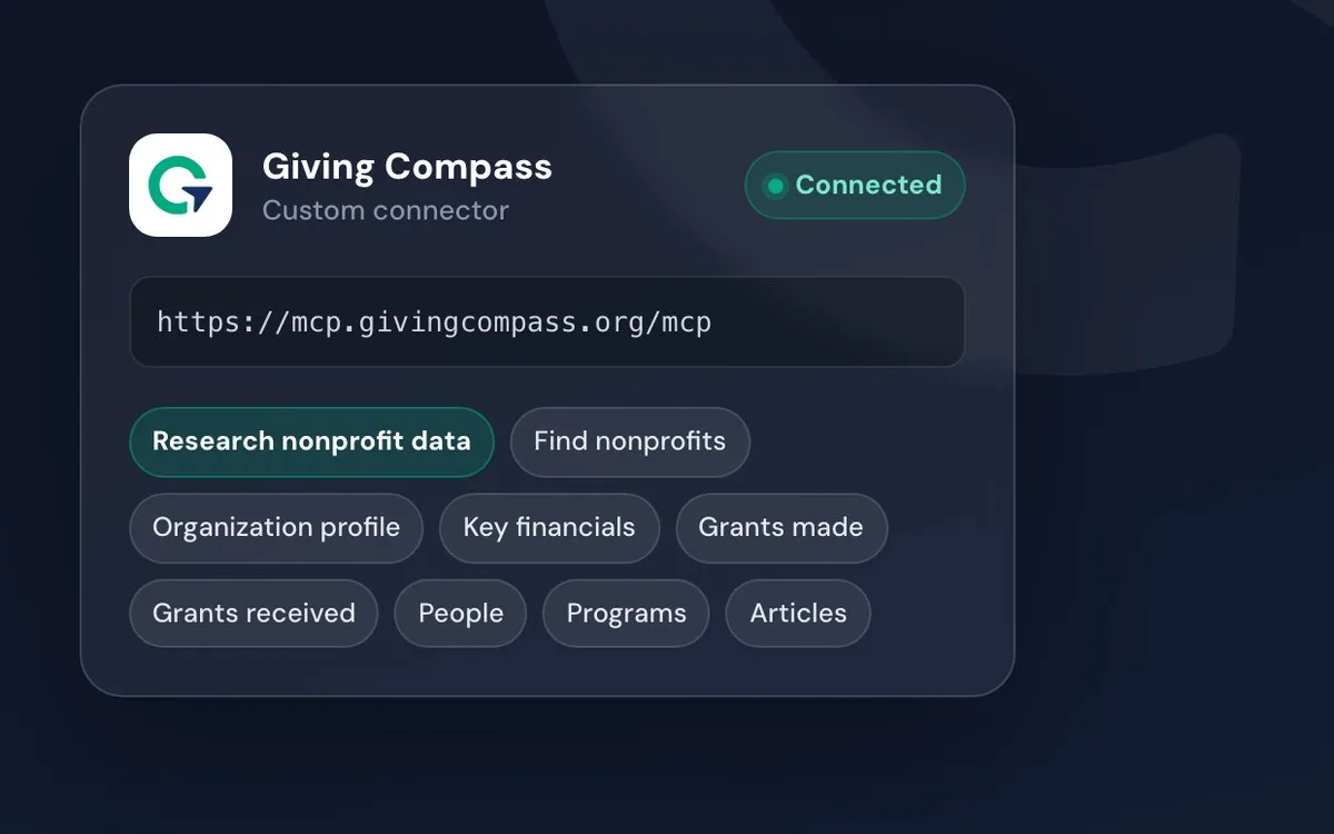 The Giving Compass MCP connector, connected, with its address and the research tools it gives your assistant