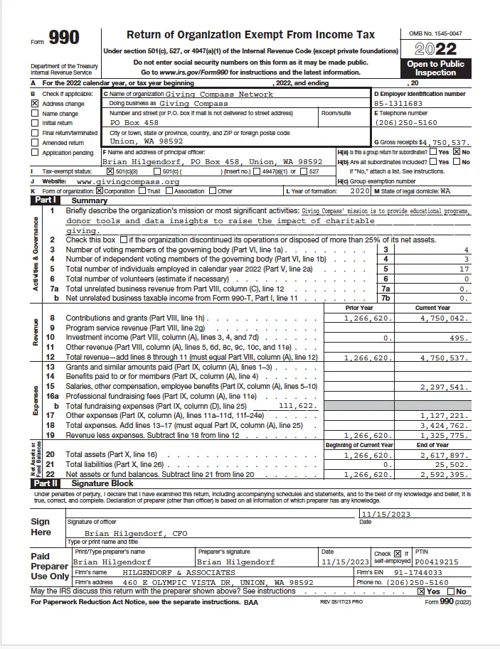 First page of Giving Compass Network’s 2022 IRS Form 990