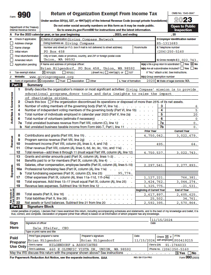 First page of Giving Compass Network’s 2023 IRS Form 990