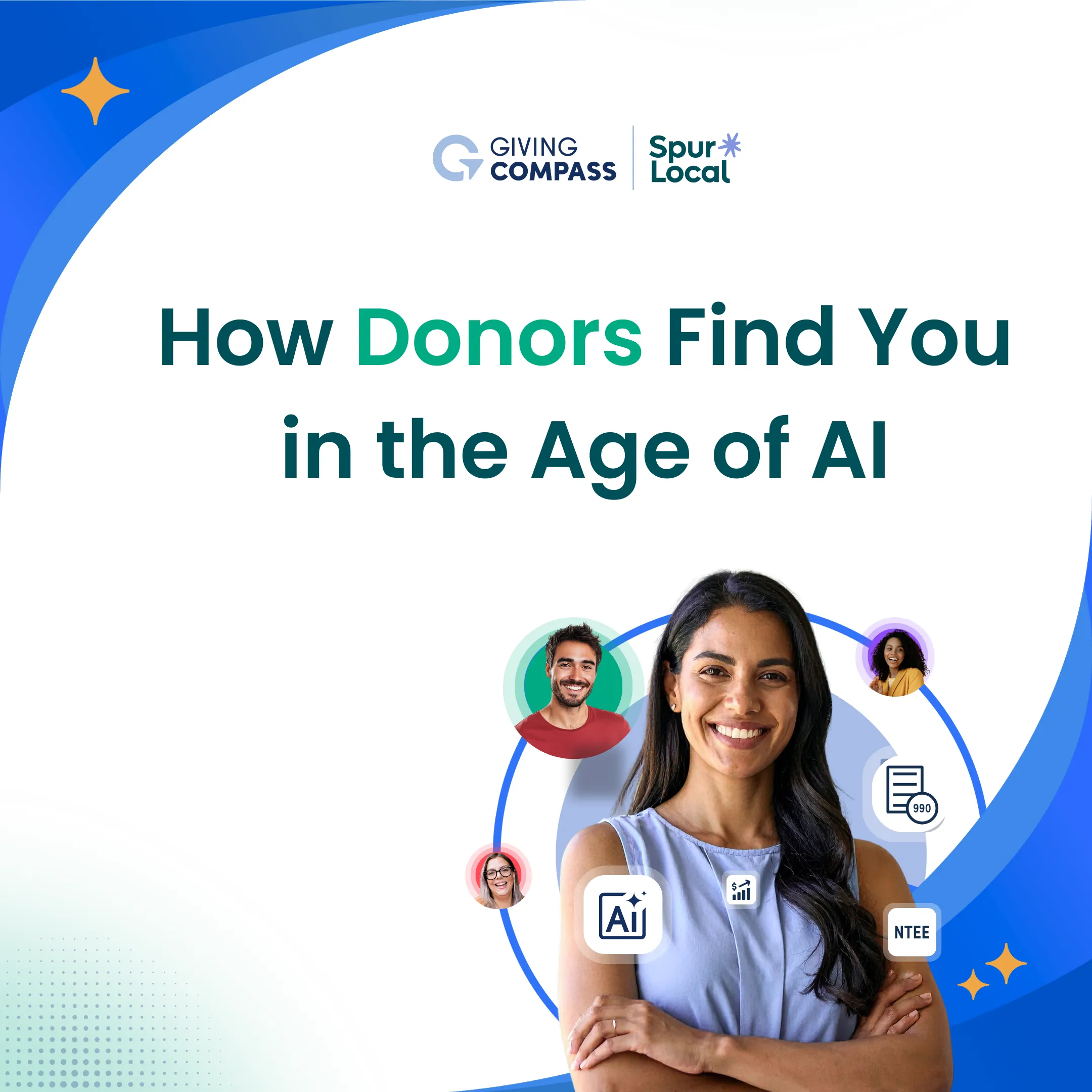 How Donors Find You in the Age of AI, from Giving Compass and Spur Local, with a smiling woman ringed by donors and nonprofit data icons.